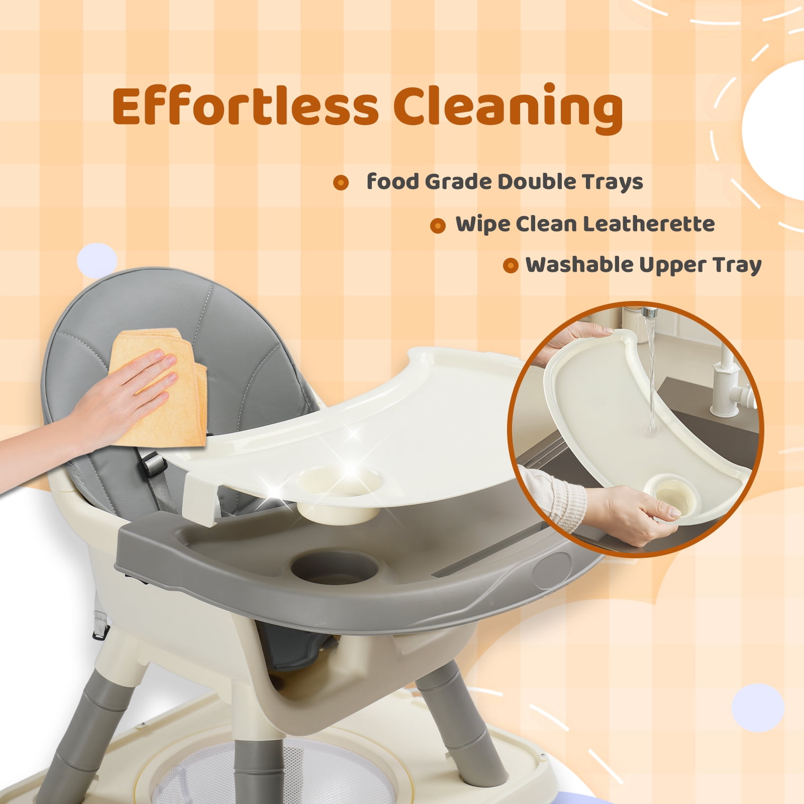 PEXMOR 7 in 1 Convertible Baby High Chair, Leather Cushion Eating Table Chair Set for Babies Toddlers, Gray
