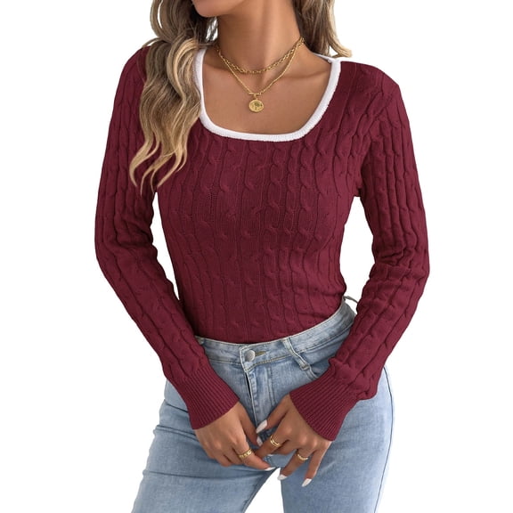 Womens Tops, Women's Square Neck Sweater Long Sleeve Cable Knitted Slim Pullover Shirts Casual Stylish Travel Lounge Blouses