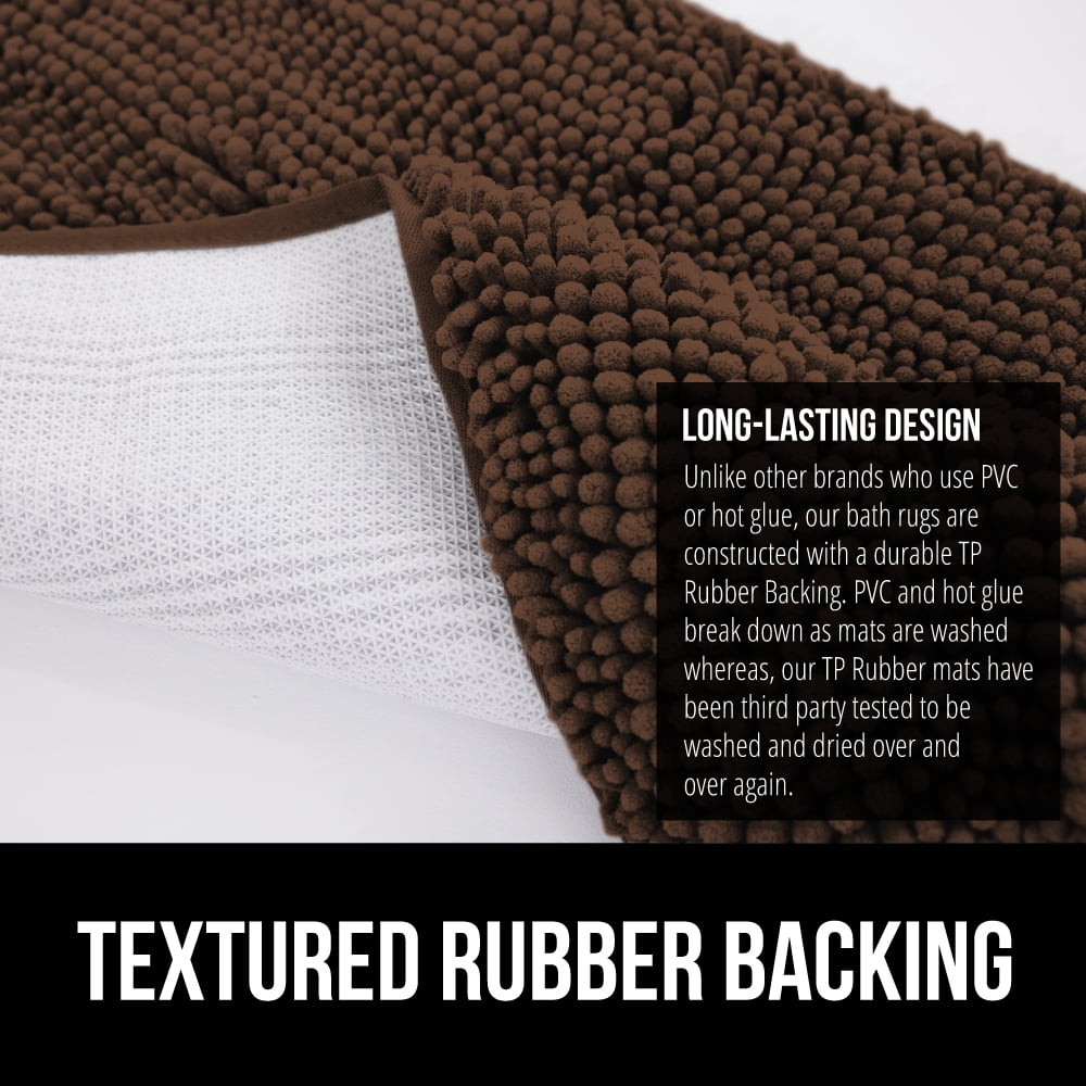 GORILLA GRIP Chenille Bath Rug 24x17, Rubber Backing Quick Dry Washable Microfiber Mats, Brown