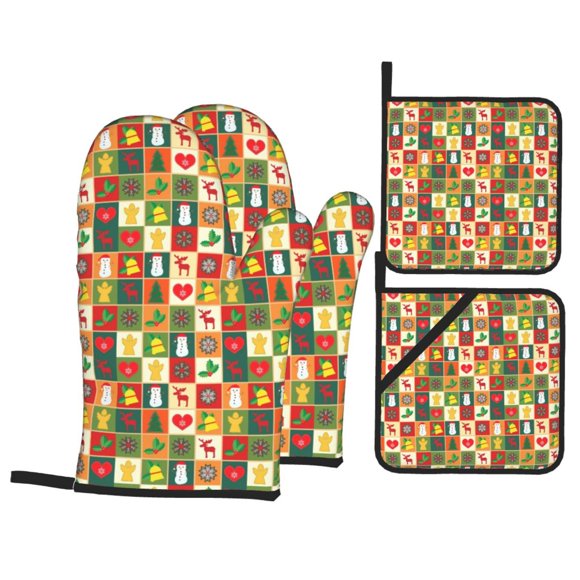 YFYANG Oven Mitts and Pot Holders Sets 4 Pieces, Non-Slip Heat Resistant Christmas Elements Pattern Kitchen Glove Pot Mat for Cooking and Baking