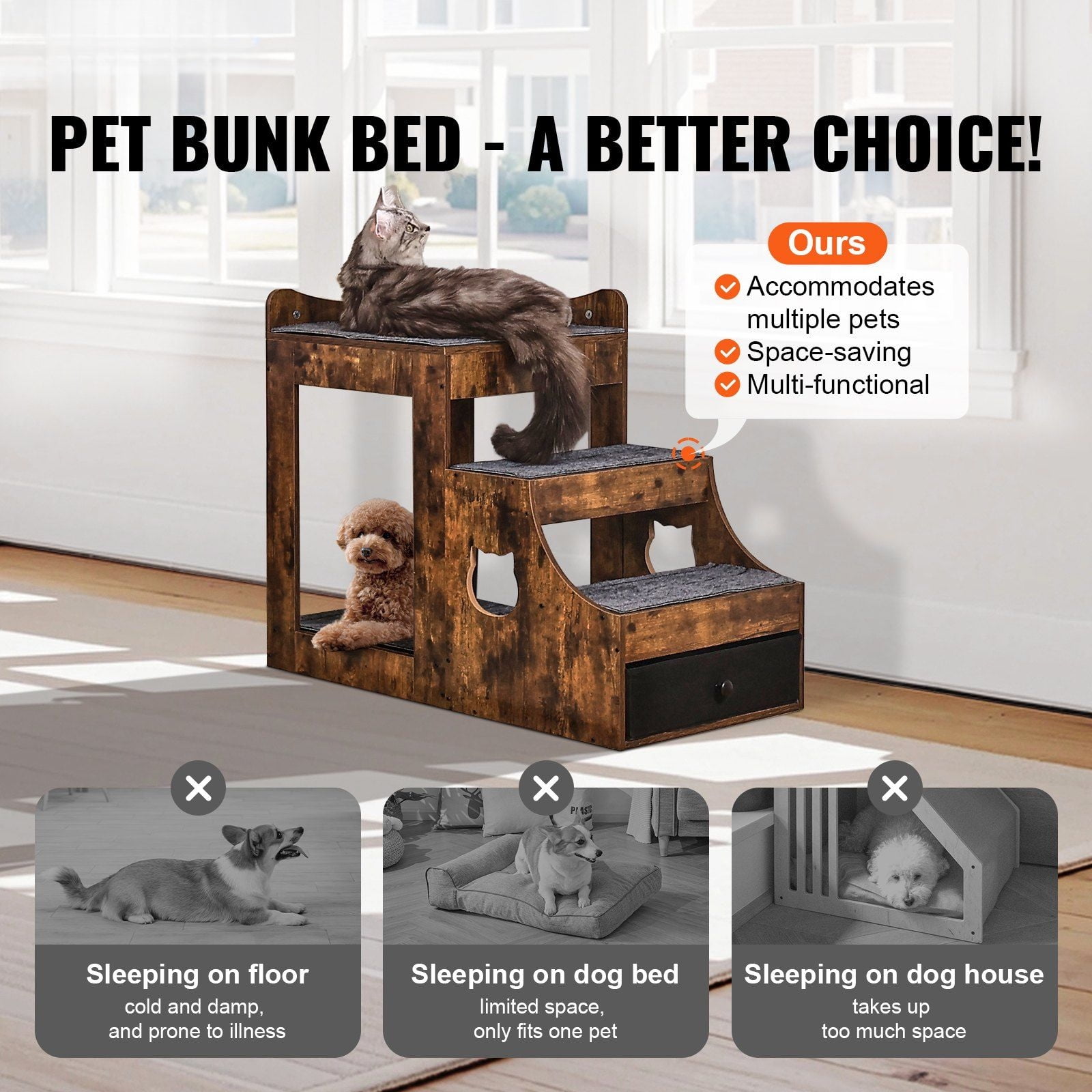 Indoor Pet Bunk Bed with Stairs – Dog/Cat Window Perch with Storage, Brown