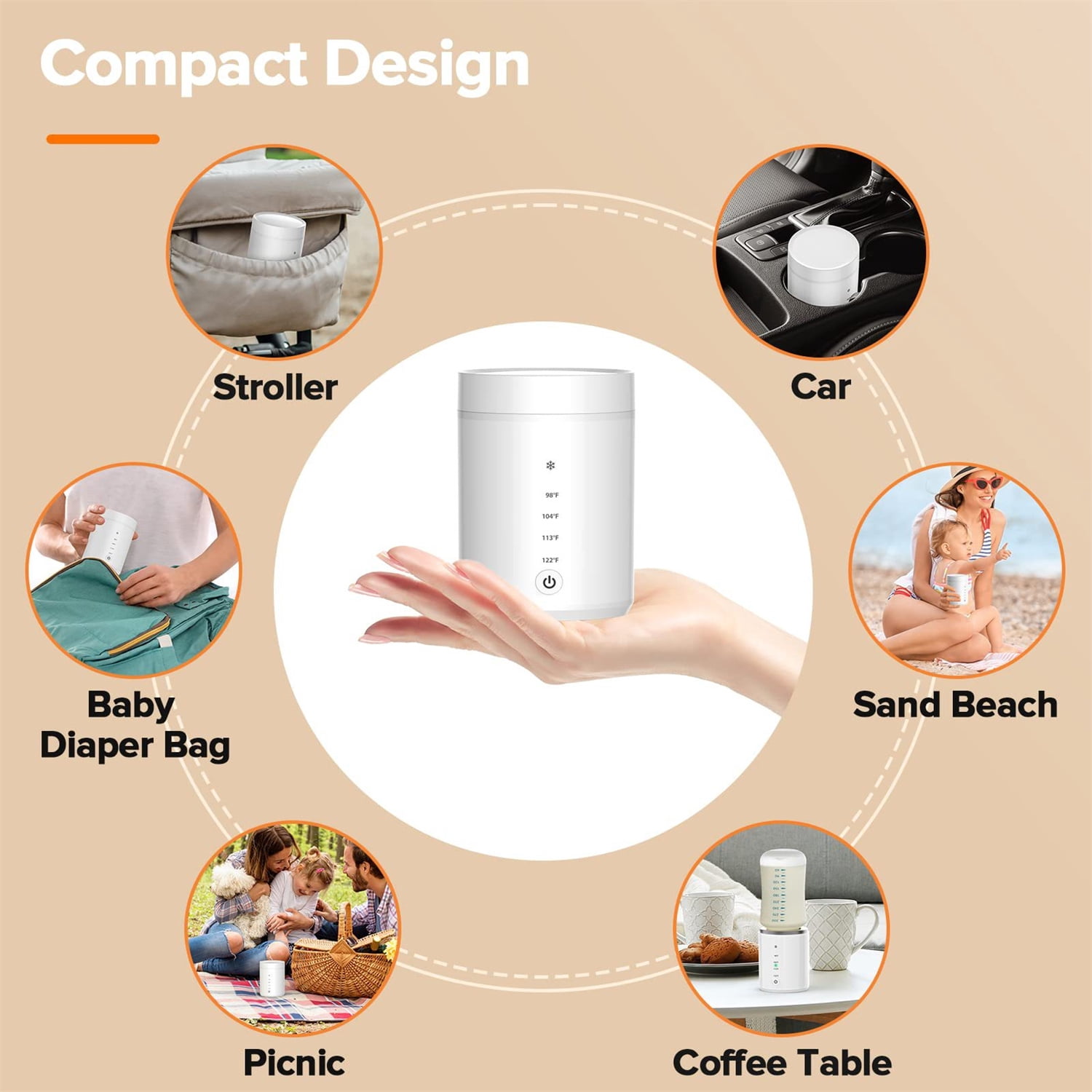 Jademall Portable Baby Bottle Warmer with 5 Adapters, 3-in-1 Rechargeable Bottle Warmer for Breast Milk, Formula & Food, 4 Temperature Settings for Travel & Home