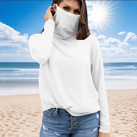 PiGOGI Women's Sun Protection Shirts UV SPF UPF 50 Long Sleeve Solid Face Mask Top Outdoor Sports Wear White XL