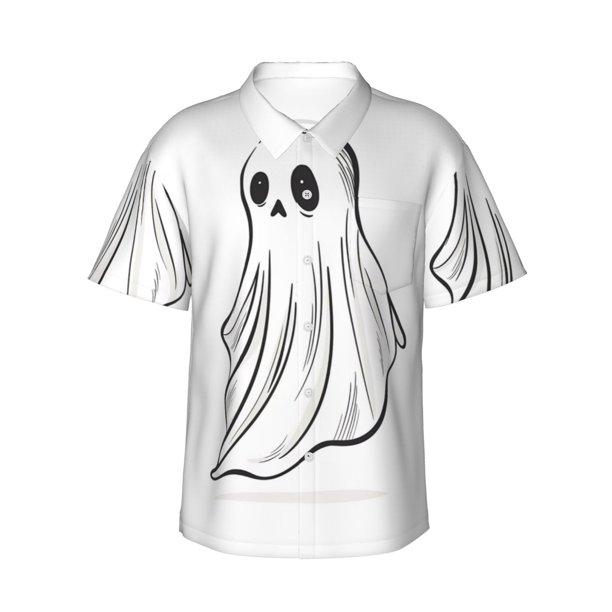 Fotbe Cute Ghost Simple Drawing Camisa Hawaiana para Hombre Unisex – Camisa Casual de Verano con Botones de Manga Corta de Algodón y Lino,Small