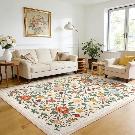 8x10 Washable Area Rug - Vintage Floral Non-Slip Rug for Living Room