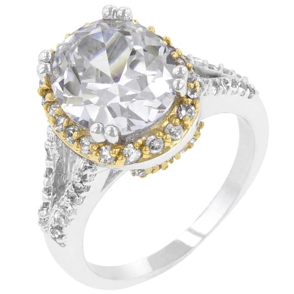 Bague en Or Blanc Rhodié et Or 18k Plaqué avec Coupe Ronde CZ Transparent en Argent et Or - Taille 6