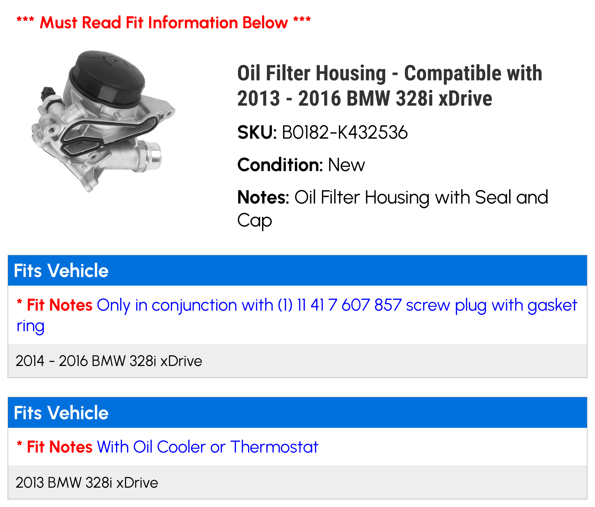Oil Filter Housing - Compatible with 2013 - 2016 BMW 328i xDrive - Replacement