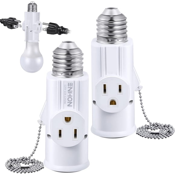3 Prong E26 Light Socket to Plug Adapter, White Heat Resistant Light Socket 2/3 Prong Outlet Light Bulb Plug Splitter Converter for Garage Porch CCTV Camera (2 Pack)