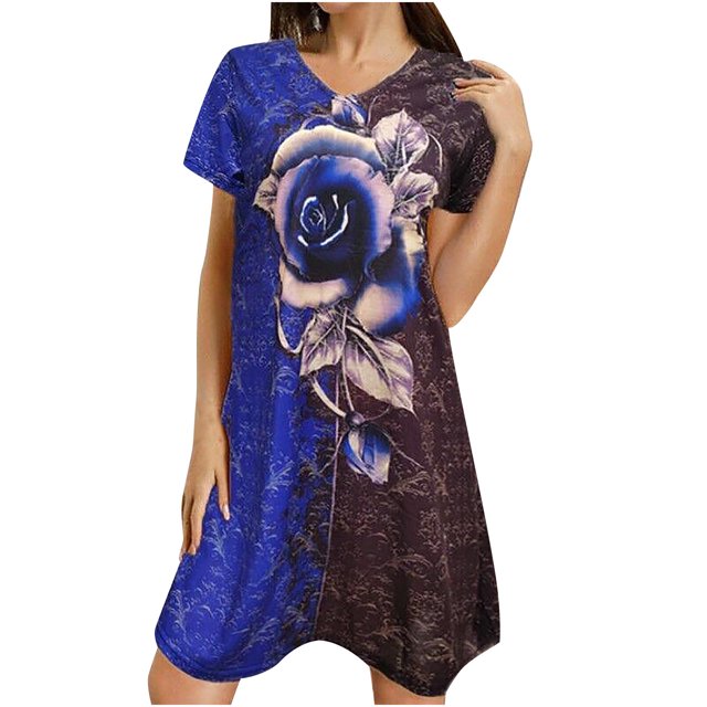 Leutsin Robe Courte d'Été Décontractée à Manches Courtes et Col Rond pour Femme Grande Taille, Imprimée, Grande Taille