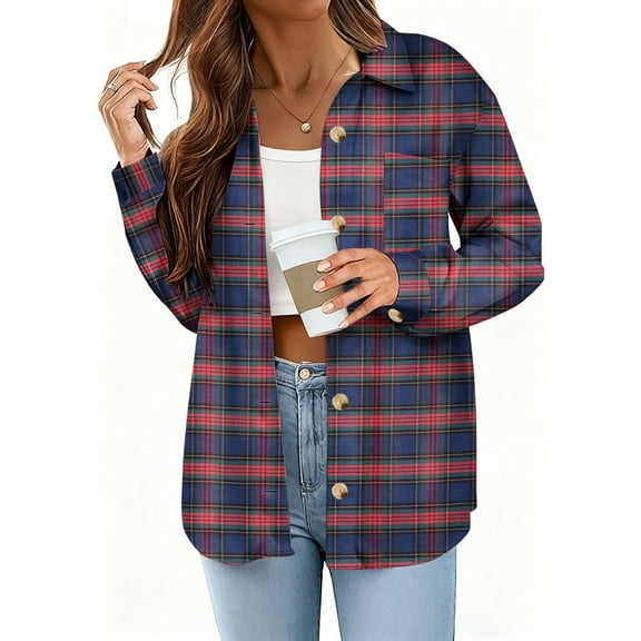 gbyLJF Women's Long Sleeve Shirt Button Down Turndown Collar Loose Fit Blouse Lightweight Multi-color Checkered Printed Cardigan