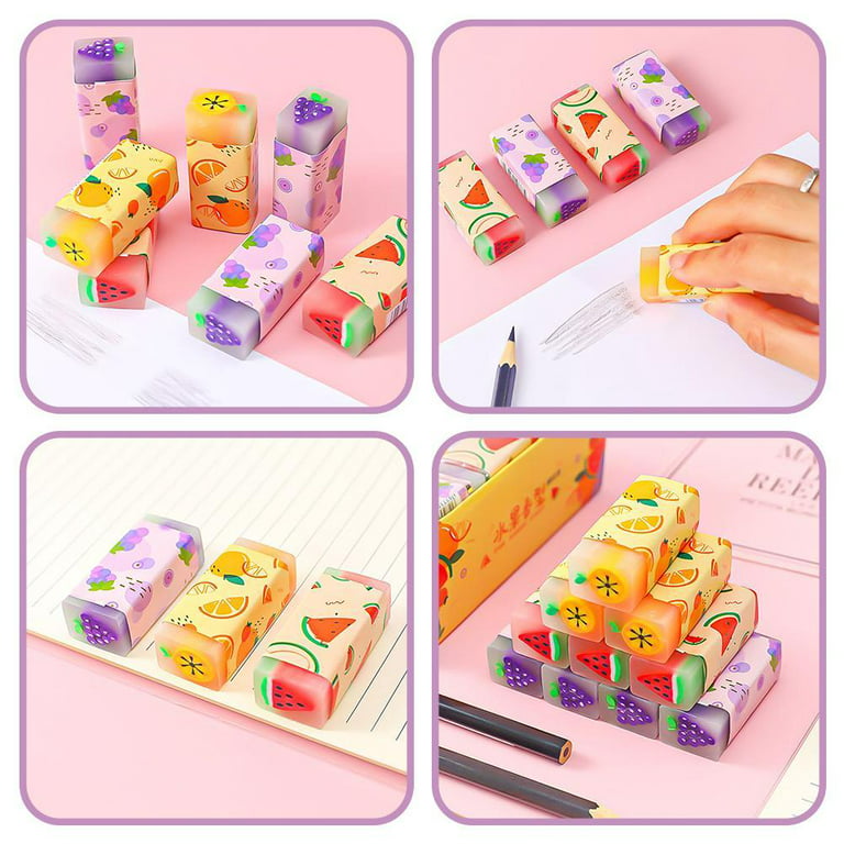 Veeki Cute Pencil Erasers For Kids, 6 Count & 6 Colors, White, Black, Blue,  Green, Pink, Orange, Fun Party Favor & School Supplies, Kawaii Drawing Era