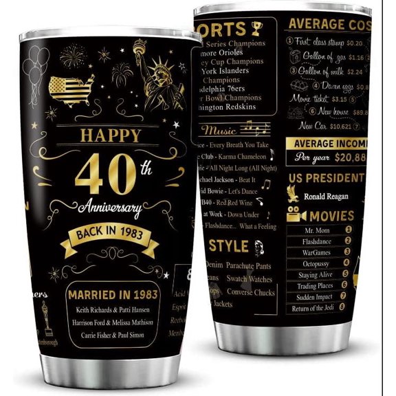 Happy 40th Anniversary Wedding Gifts for Men Women 40th Anniversary Tumbler 40 Years Wedding Gifts for Couple Wife Husband Back in 1983 Stainless Steel Vacuum Insulated Tumbler 20 oz