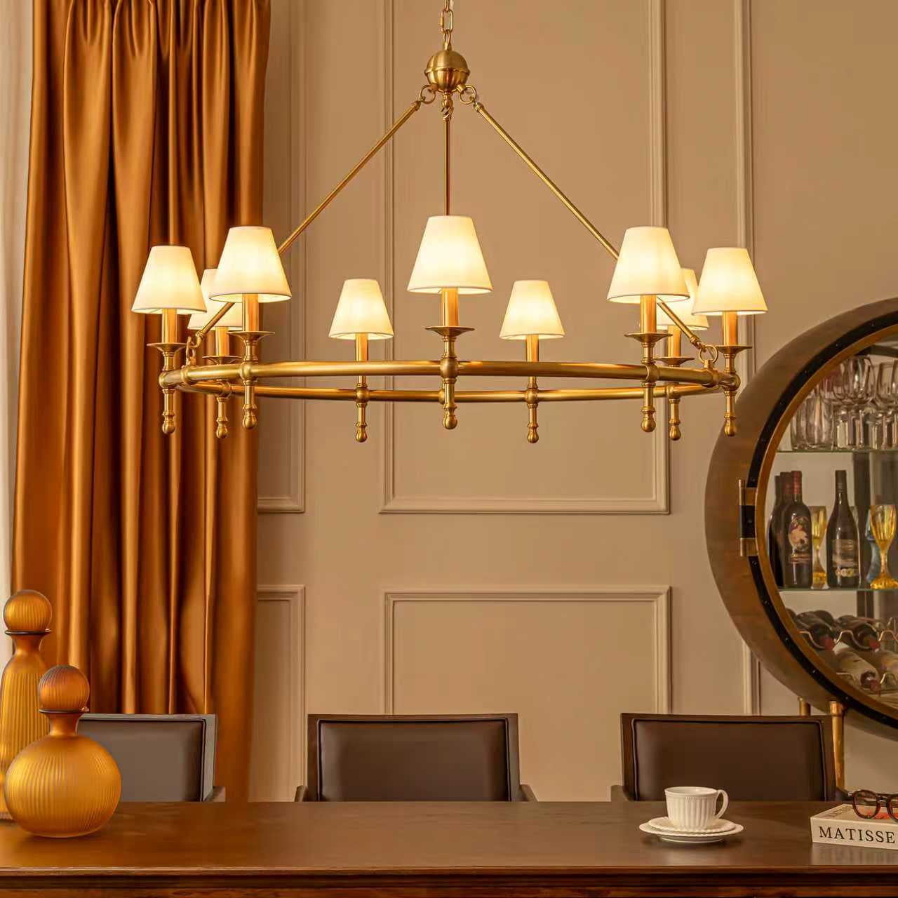 47” Extra Large 9-Light Vintage Brass Chandelier with White Fabric Shades – Classic Pendant Ceiling Light for High Ceilings, Dining Room, Foyer, Entryway