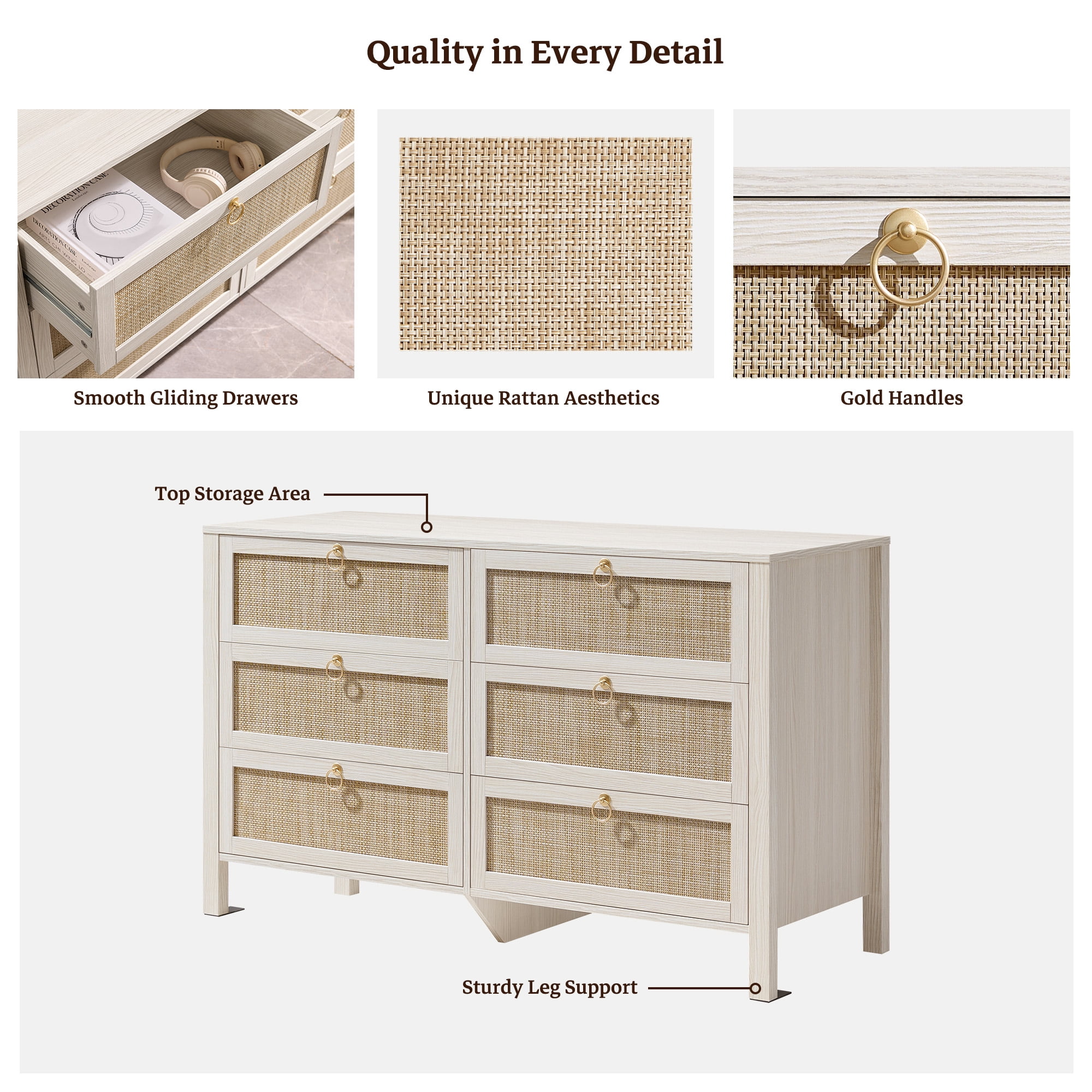 SICOTAS 51.14" Wide 6-Drawer Rattan Dresser, White Boho Chest of Drawers with Gold Handle for Bedroom, Coastal Bedroom Furniture White Oak Dressers for Bedroom