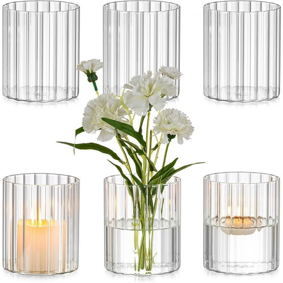 Glass Cylinder Vases for Centerpieces: Clear Ribbed Flower Vases for Pillar Candle - 6Pcs Modern Hurricane Floating Candle Holder for Table Wedding Centerpieces Living Room Decorations