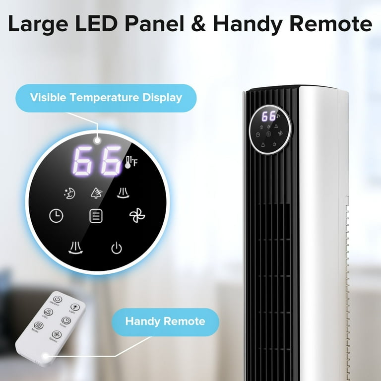 KISSAIR 35" Tower Fan, 4 Fan Modes with LED Display, 12H Timer, 85°Oscillation Fans, 3 Speeds Adjustable, Remote Control Suitable for Home/Bedroom/Office, Black-White mix