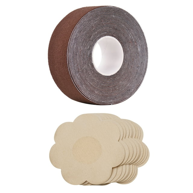 Fawoonu Invisible Nipple Covers and Tape Set 5cm Brown Breast Lift Tape with 5 Pairs Flower Pattern Cloth Nipple Stickers