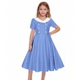 thumbnail image 7 of Afuyipoi Girls Vintage Plaid A-Line Dress (5-14 Years) Short Sleeve Turn-down Collar Button Down Skater Skirt for School Recital and Daily Wear Blue 5/6, 7 of 7