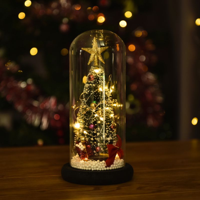 Christmas Tree In Glass Dome With LED String Light Battery