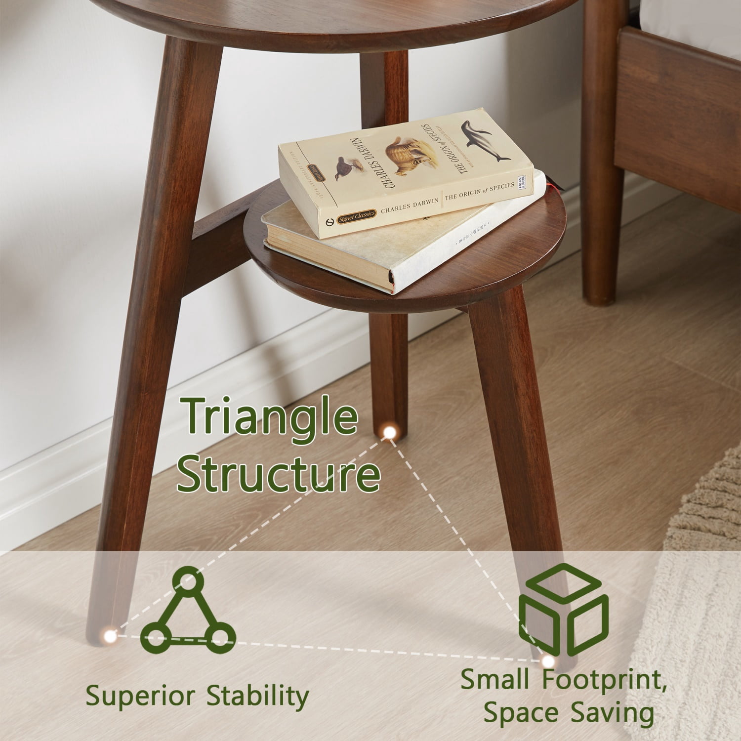 Hommoo Modern Wooden 2-Tier Side Table Sofa End Table Bedside Table, Round End Table, with Lower Storage Shelf, Walnut