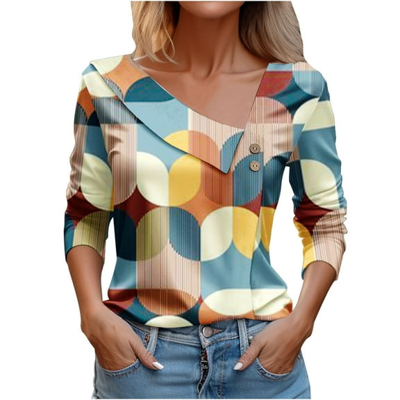 Patlollav Up to 65% off Tops for Womens Plus Size Short Sleeve Casual Pullover V Neck Blouse Tees Summer Button Printed T Shirt