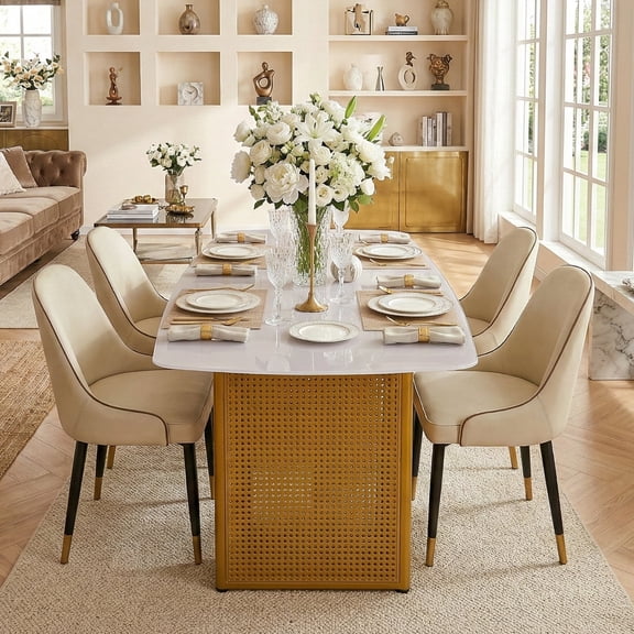 Oufan Luxury Rectangular Tempered Glass Dining Table with Marble Patterned Design, Kitchen Table with Dual-Pedestal Metal Base for Dining Room