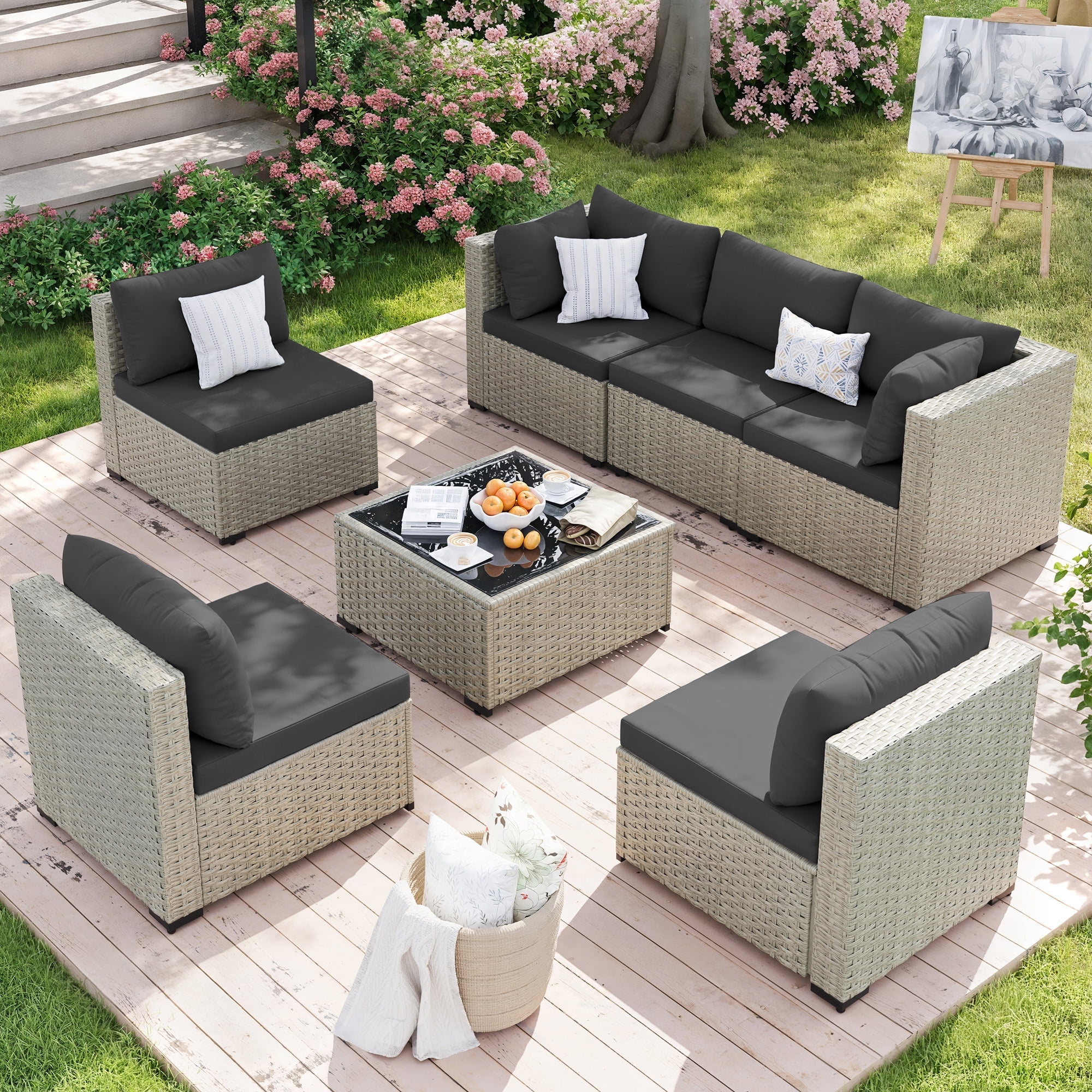 Amopatio 7 Pieces Patio Conversation Set, Outdoor Sectional PE Rattan Wicker Furniture Seat,GRAY