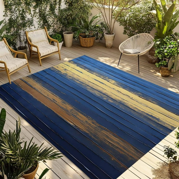 Fsddascl Navy Blue Yellow Outdoor Rug for Patio/Deck/Porch, Non-Slip Large Area Rug 5 x 8 Ft, Modern Abstract Striped Art Indoor Outdoor Rugs Washable Area Rugs, Reversible Camping Rug Carpet Runner