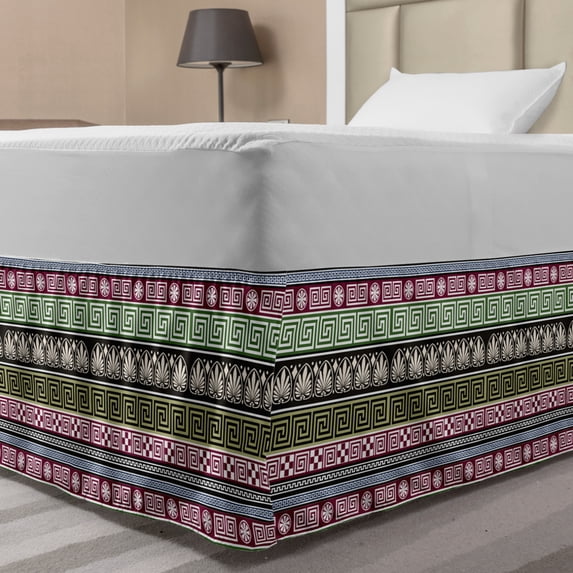 Greek Key Bed Skirt, Antique Ornamental Design Pattern Mosaic Effects Old Fashioned, Elastic Bedskirt Dust Ruffle Wrap Around for Bedding Decor, 4 Sizes, Multicolor, by Ambesonne