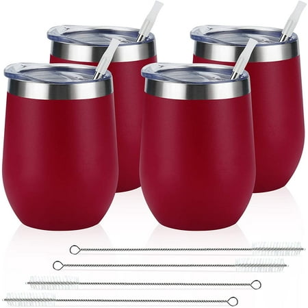 

Gingprous 4 Pack 12 oz Stainless Steel Wine Tumblers with Lids Straws Vacuum Insulated Tumblers Silver