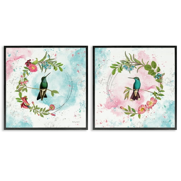 Stupell Industries Hummingbirds in Wreaths Animals Painting Black Framed Art Print Wall Art, 12 x 12, Set of 2