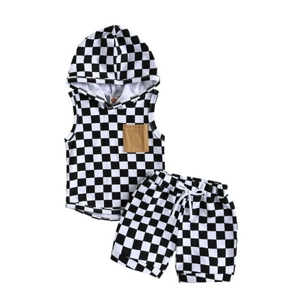 

Thaisu Toddler Baby Boy Checkerboard Sleeveless Hooded Tank Top Shorts Outfit Set
