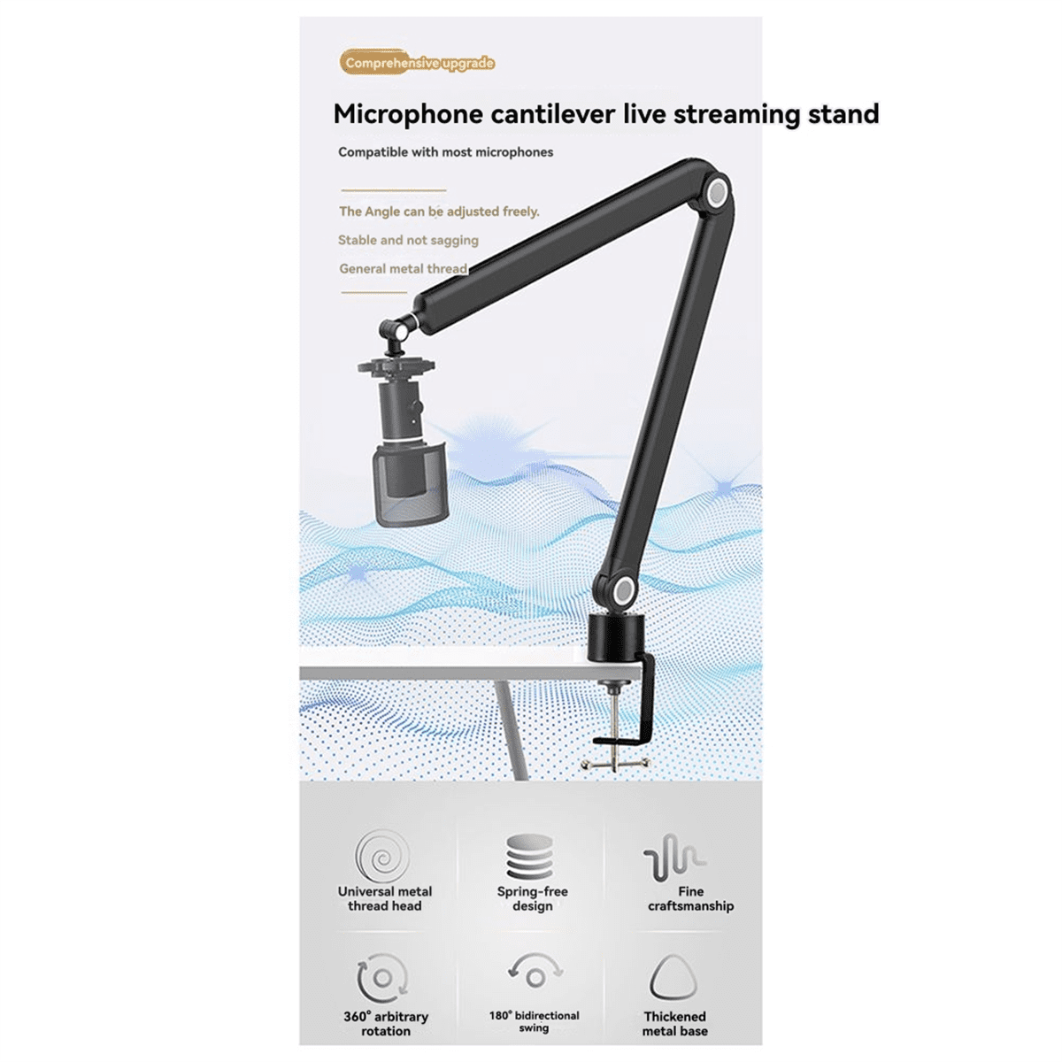 Microphone Boom Arm,360°Rotatable Mic Stand,Microphone Holder with 3/8in 5/8in Adapters,Microphone Arm with Accessories,1 * Cantilever bracket 1 set * accessories 1 * English manual,Black