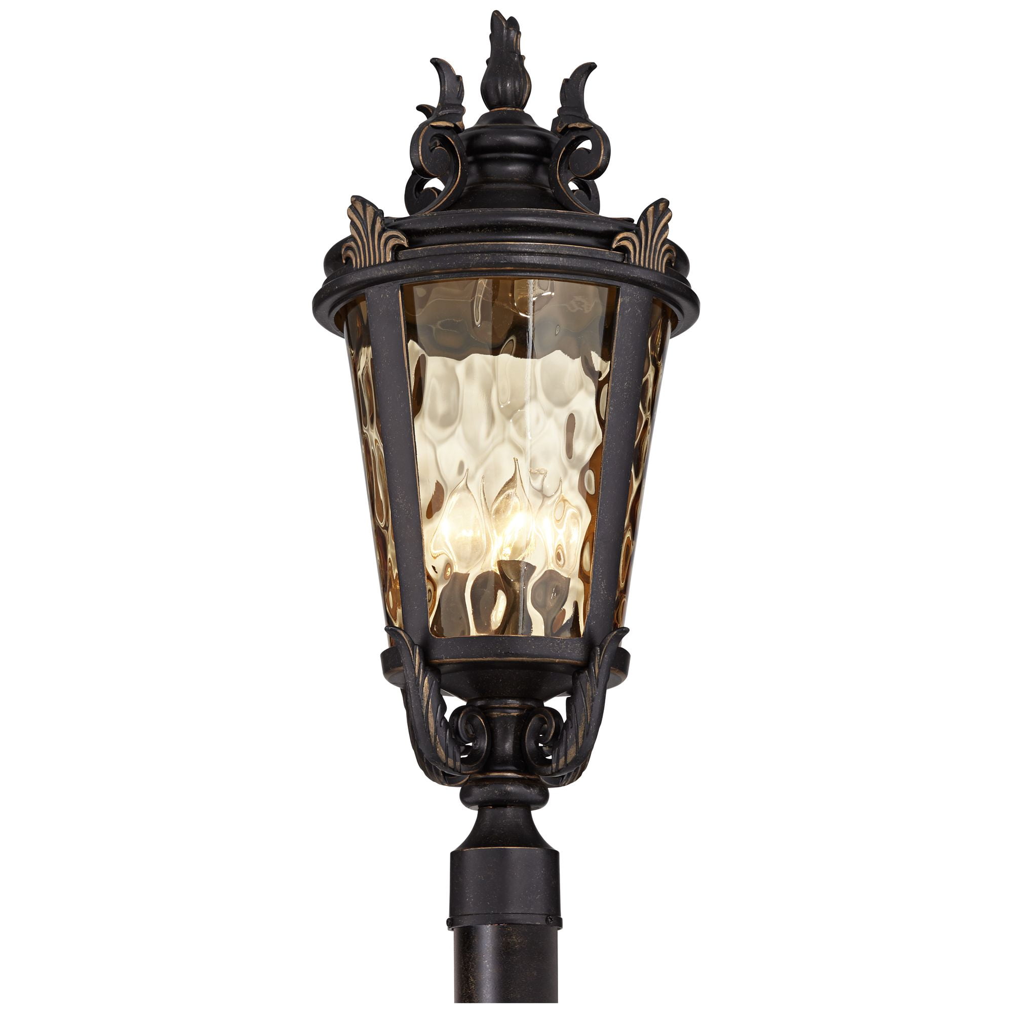 John Timberland Casa Marseille Rustic Vintage Outdoor Post Light Veranda Bronze Scroll 28" Champagne Hammered Glass for Exterior Barn Deck House Home