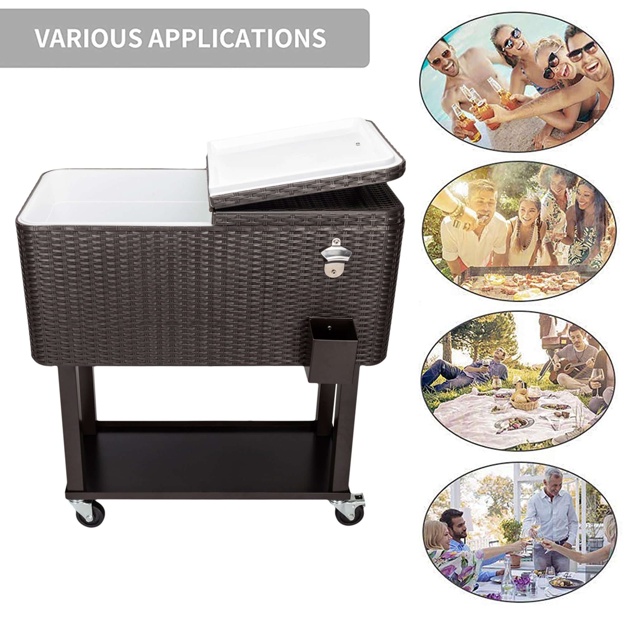 Ice Chest on Wheels with Shelf, 80 Quart Rolling Cart with Bottle Opener and Drain Plug, Portable Bar Drink Cooler, Outdoor Beverage Incubator for Patio Poolside Camping Party, Brown, D7205