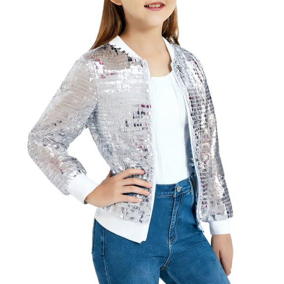 EnJoCho Girls' Sequin Bom𝖻er Jacket Sparkly Long Sleeve Gradient Bom𝖻er Jackets for Kid with Ribbed Cuffs 5-12Y