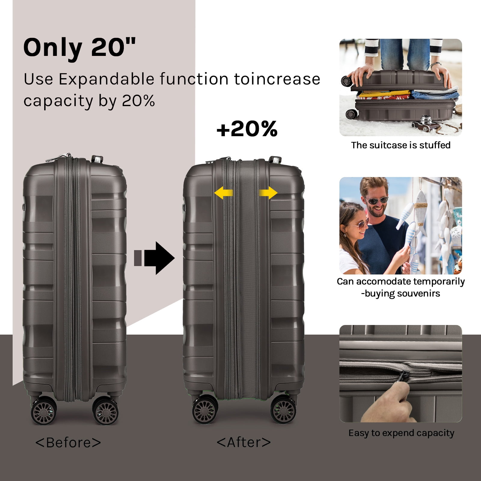 Joyway 5-Piece Luggage Set PP Hardshell Spinner Suitcase with TSA Lock - (Expandable Carry-On 20 Inch) (24 Inch 28 Inch) for School, Travel, Weekend-Brown