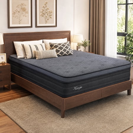 Kouvja Queen Mattress 12 Inch, Queen Size Hybrid Mattresses in a Box, Gel Memory Foam Mattress Pocket Coil, Medium Firm, Motion Isolation, Cooling Pressure Relief Gray