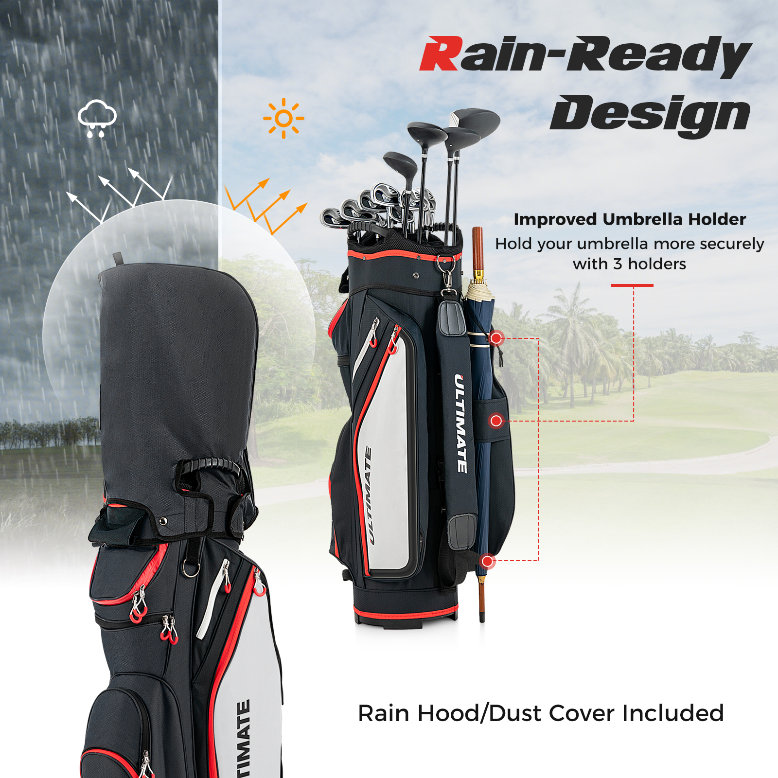 Topbuy Golf Cart Bag Lightweight Portable Golf Club Bag with 14-Way Dividers 8 Zippered Pockets Including Cooler Bag Rain Hood and Shoulder Strap for Men Women Black