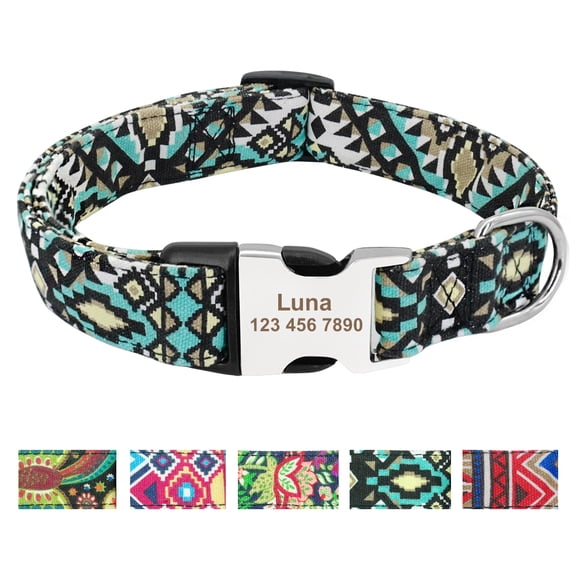 Pet Artist Floral Personalized Nylon Dog Collars for Small Large Dogs Name ID Tag Engraved