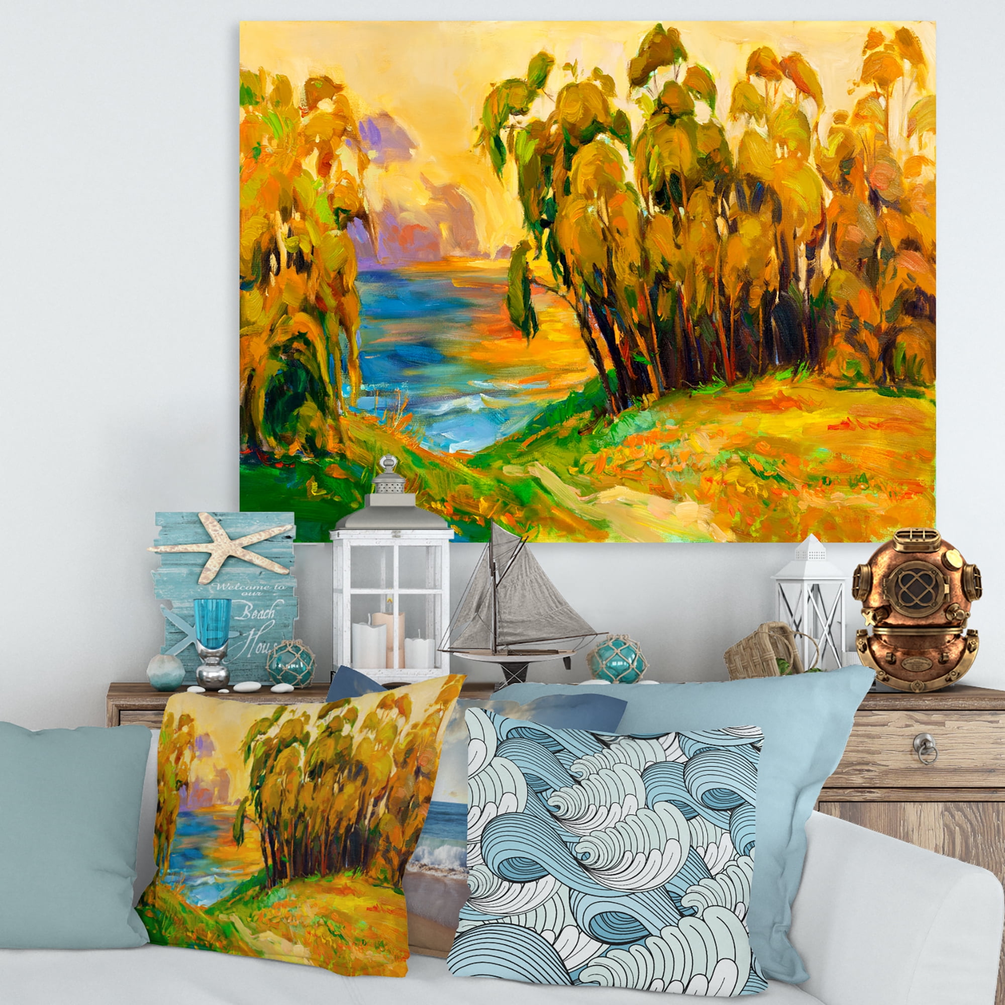 Designart ' Brown Trees By The Riverside During Evenign Glow ' Traditional Canvas Wall Art Print