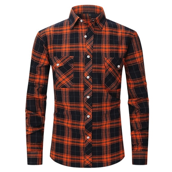 Mens Plaid Shirt Slim Fit Pocket Shirt Long Sleeve Button Turn Down Collar Casual Spring Shirt Brick Red L
