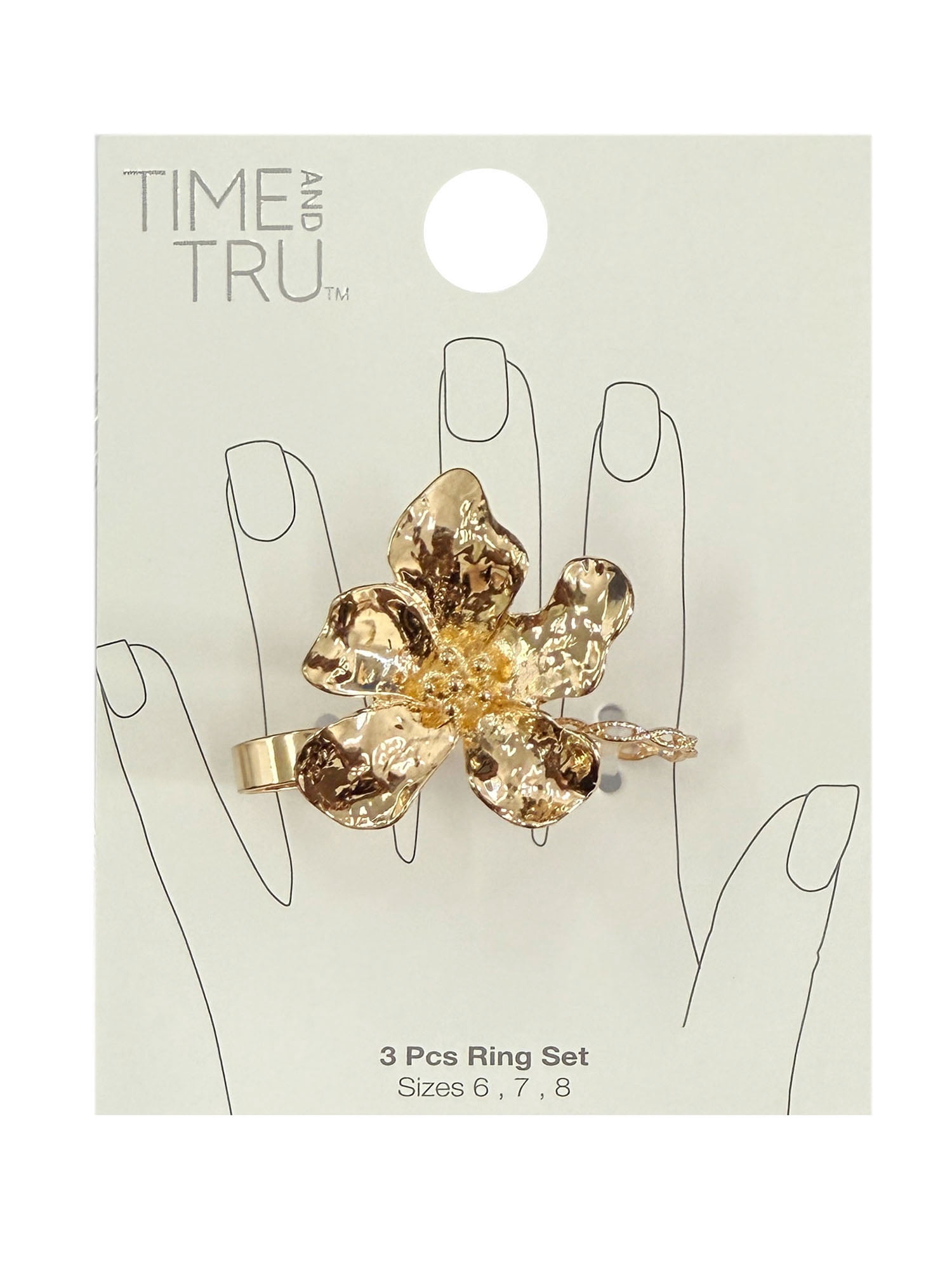 Time and Tru Gold Flower Statement Rings for Female Adults and Teens, 3 Pack