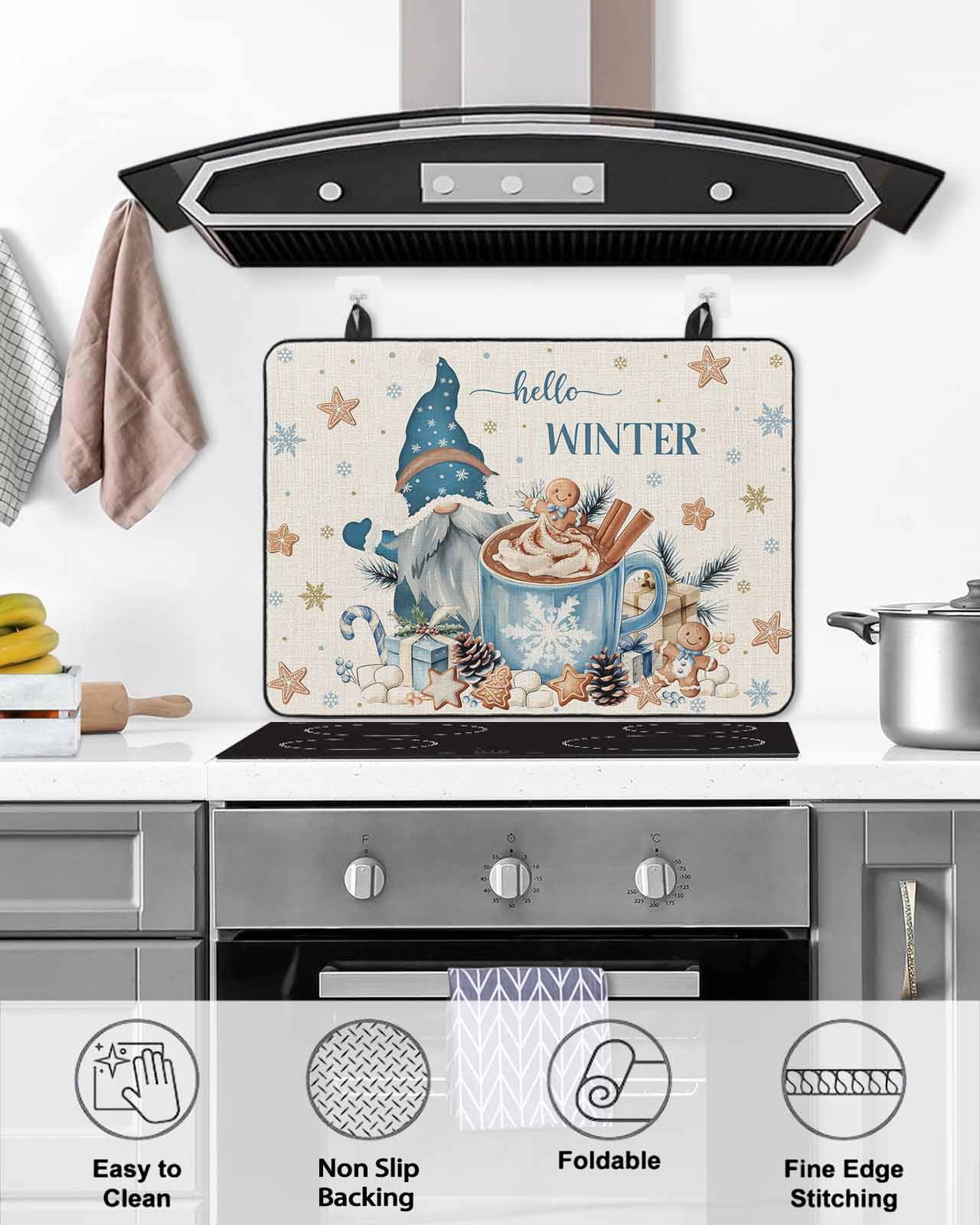 Large Induction Cooktop Protector Mat Blue Gnomes Christmas Stove Top Covers for Electric Stove, Xmas Gifts Snowflake Winter Rustic Decorative Stove Burner Cover Mats, Glass Top Stove Cover