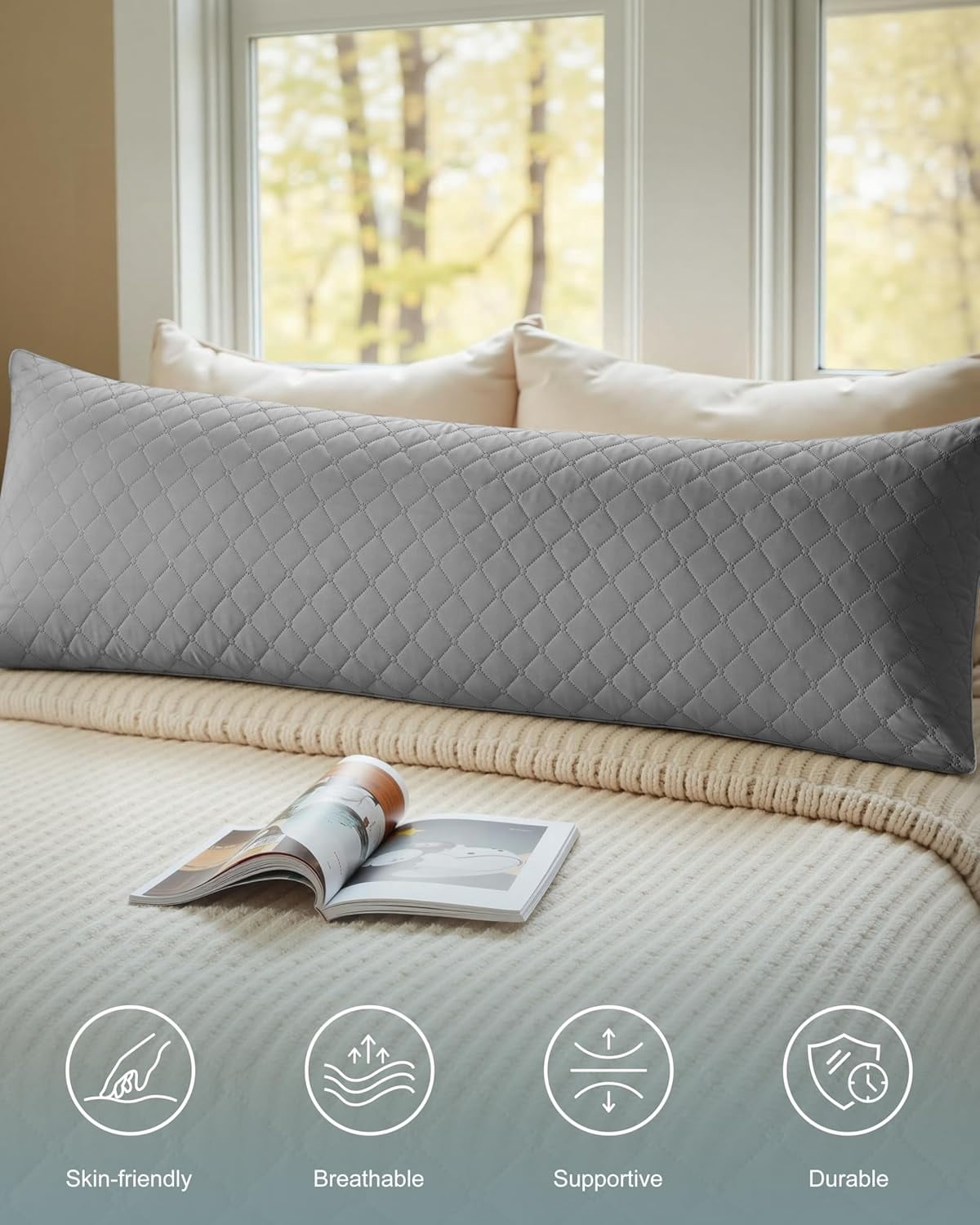Parojati 20×54 inch Long Washable Body Pillow Insert for Adults with Shredded White Memory Foam, Soft & Firm enough for Side Sleepers, Pregnant Women, Grey