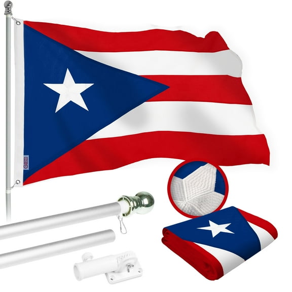 G128 Combo Pack: 6 Ft Tangle Free Spinning Flagpole (Silver) & Puerto Rico Flag 3x5 Ft Embroidered 220GSM Spun Polyester, Brass Grommets (Flag Included) Aluminum Flag Pole
