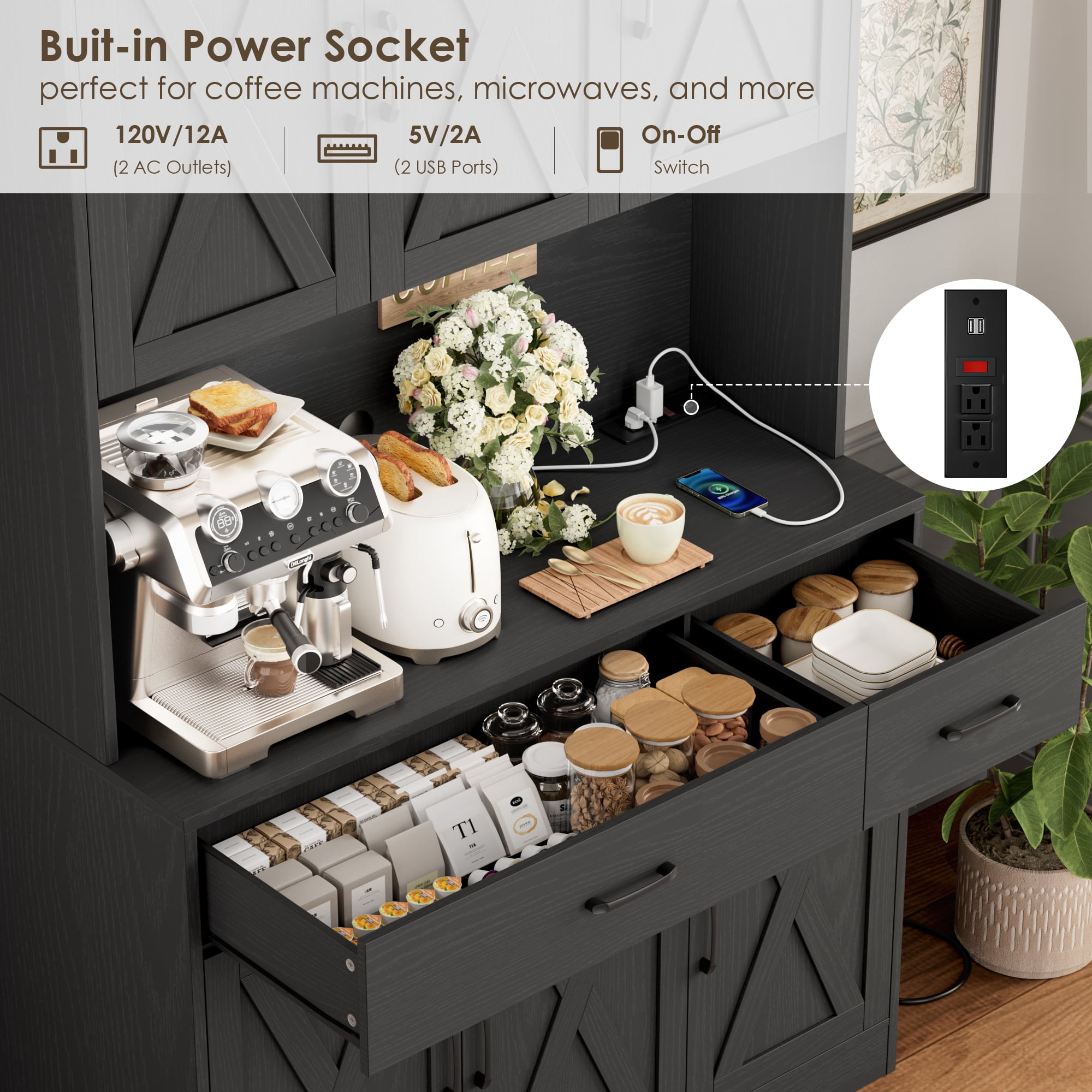 Homfa 71" Kitchen Pantry with Charging Station, Freestanding Cupboard with Adjustable Shelves, Floor Cabinet for Dining Room, Black Wood Grain