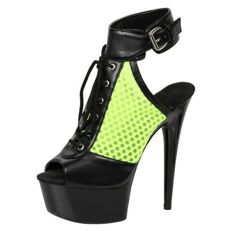 5 1/2 Inch Ankle Strap Platform - Women's 6 Inch Heel Platform Ankle Strap Sandal Shoes with Yellow Mesh Black