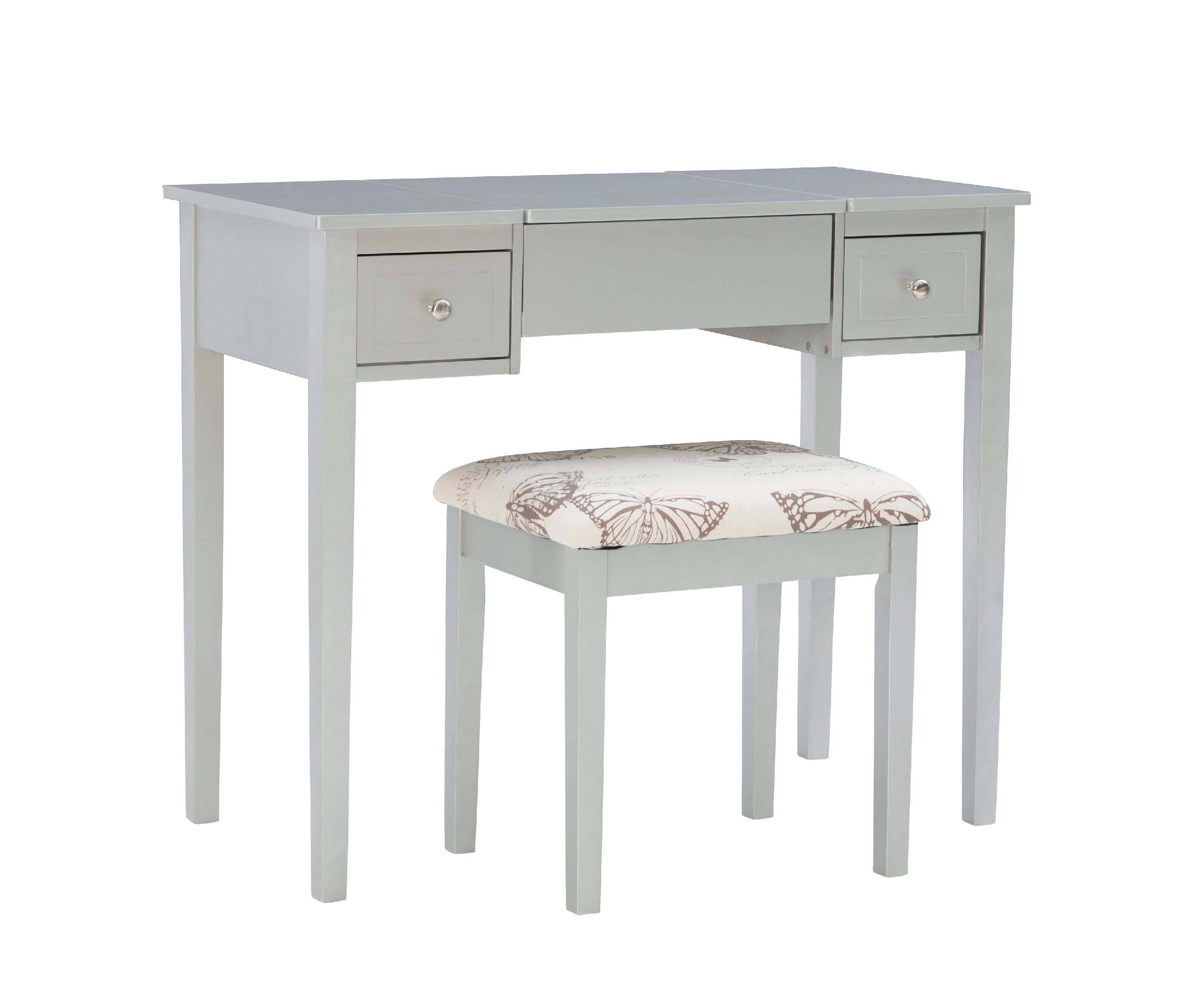 Ramsey Silver Flip-Top Mirror Vanity and Butterfly Upholstered Stool Set
