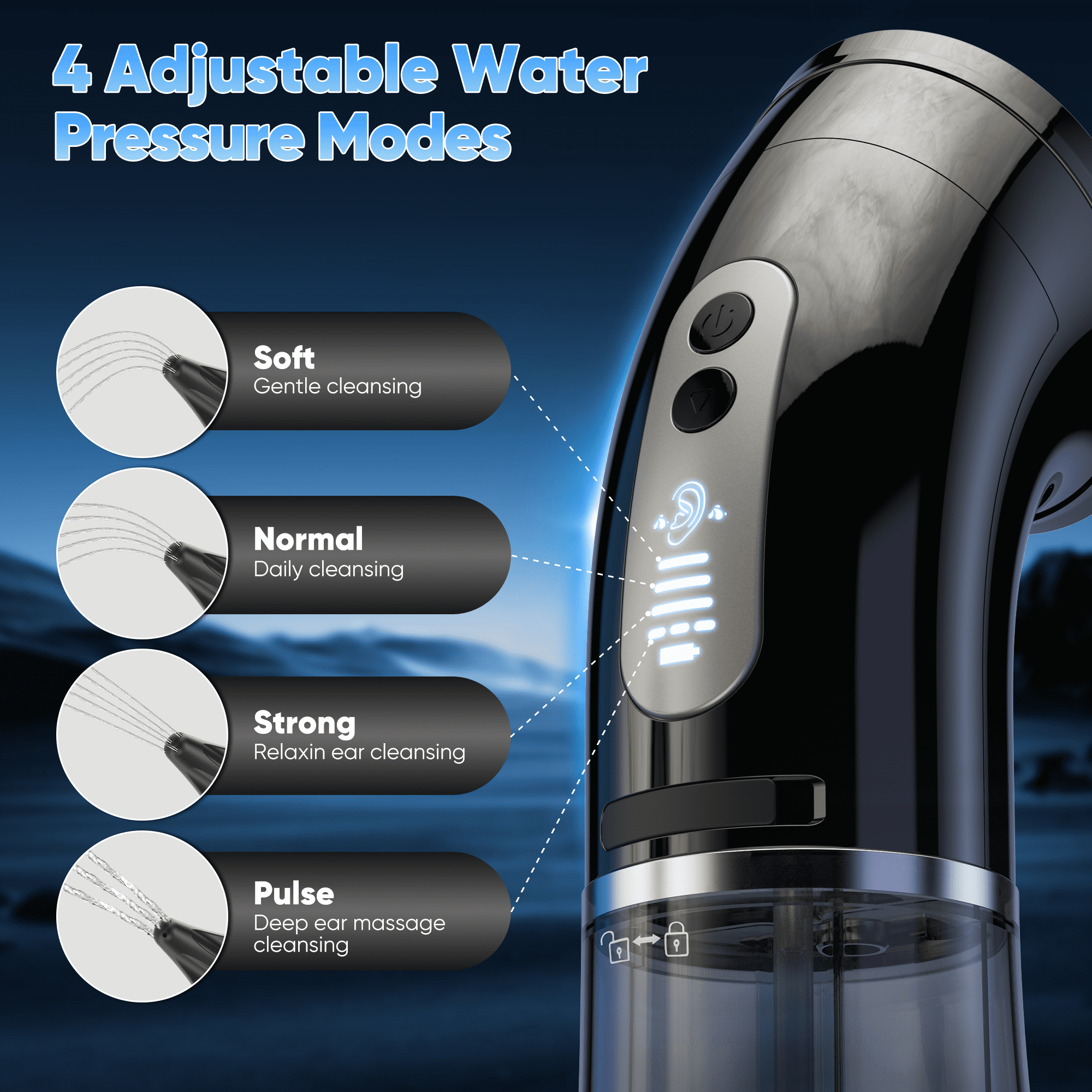VIIWII Electric Ear Wax Removal Tool with 2-in-1 Dual Water Tank 3 Pressure Modes Ear Cleaner Kit for Adults Waterproof Ear Irrigation Flushing System 12 Wash Tips USB-C Cable Black